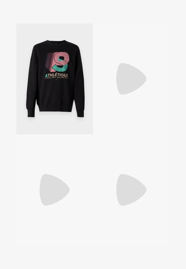 Sudadera negra con puños y dobladillo acanalados. Presenta un gráfico multicolor que dice "ATHLÉTIQUE" y nombres de ciudades en blanco debajo.; Camiseta blanca de algodón con escote redondo y mangas cortas, con un logo dorado de EA7 Emporio Armani impreso en el frente.; Pantalones cortos deportivos negros de tejido suave, con una cintura elástica y un pequeño logo amarillo de EA7 en la parte inferior de la pierna izquierda.; Zapatilla de cuero blanca con un acabado suave, puntera redonda, cordones planos y suela texturizada. Cuenta con un sutil logo en el talón.
