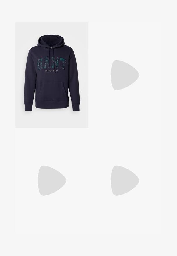 Haut de survêtement bleu marine avec une poche frontale, présentant "GANT" en grandes lettres à motifs et "New Haven, Ct." en texte plus petit en dessous.; Jean en denim noir avec une coupe droite, doté d'une fermeture à bouton, de cinq poches et de coutures minimales pour un look épuré.; Chaussure noire en cuir à lacets avec un embout arrondi, texture lisse, piqures minimales et un petit talon en caoutchouc. Logo sur le talon.; Sac de sport noir en matériau synthétique texturé. Doté de deux poignées et d'une bandoulière réglable. Design simple sans motifs visibles.