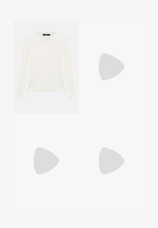 Pull blanc à manches longues en tissu tricoté doux. Il dispose d'un col rond, de poignets et d'un ourlet côtelés. Design sans couture et sans motifs.; Pantalons taillés marron avec un design à jambes larges, dotés de plis sur le devant, d'une fermeture à bouton et d'un tissu lisse et texturé.; Sandale en cuir marron avec une semelle plate, affichant un design minimaliste, une sangle de cheville incurvée et plusieurs découpes pour la respirabilité.; Sac à main en cuir brun avec une forme incurvée, une seule sangle et un design minimaliste. Présente un logo subtil et des accents en hardware doré.