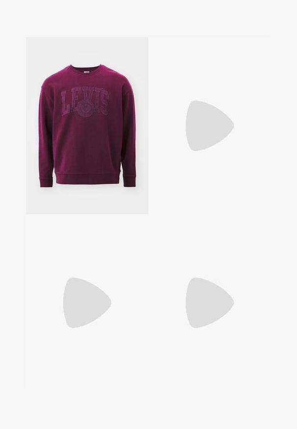 Burgundy sweatshirt with a crew neckline, long sleeves, and embossed "LEVI'S" logo at the chest. Made from a soft, textured fabric.; Label tag with multi-language text, care symbols, and recycling icons, printed on a soft fabric-like material in light color.; Black sneakers with suede and leather material, featuring a blue logo and brown rubber sole. Paired with gray socks and corduroy pants.; White shell necklace composed of irregular shapes, worn over a fitted white tank top. Smooth texture with subtle sheen, close-fitting design.