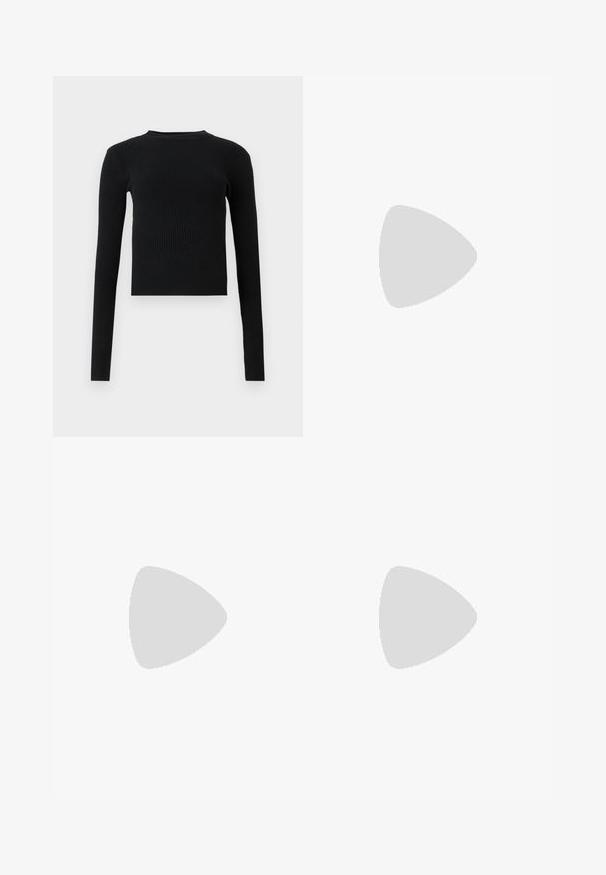 Melnas ribētu diegu adītas garās piedurknes īsā džemperī ar apaļu kakla izgriezumu, attēlotas uz baltā fona.; Brūnās aužas platas kāju bikses ar augstu jostu, priekšējiem krokiem un pogu detalizāciju. Gluda tekstūra ar pielāgotu dizainu.; Spīdīgas bordo potīšu botītes ar masīlu melnu papēdi, kurām ir gluda tekstūra un vienkāršs dizains. Nav redzamu aizdari vai rakstu.; Melna ādas plecu soma ar gludu tekstūru, izliekta forma, regulējama siksna un rāvējslēdzēja aizdare. Minimālistisks dizains bez rotājumiem.