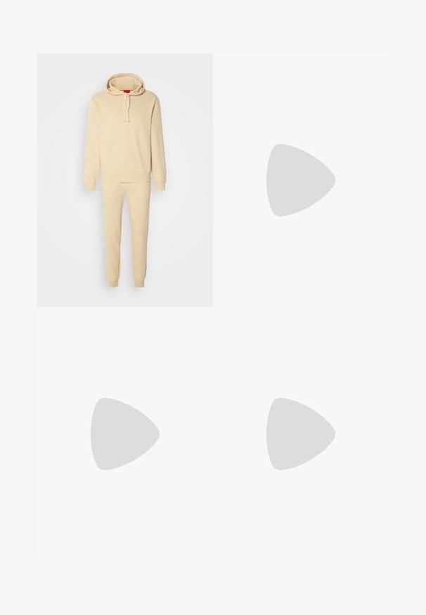 Beige hooded sweatshirt with drawstring, kangaroo pocket; matching tapered jogger pants. Soft fabric, ribbed cuffs and hem.; White cotton t-shirt with short sleeves, round neckline, and a black "HUGO" logo on the chest. Smooth texture, casual fit, no patterns.; Black slim-fit jogger pants with white drawstring, ribbed cuffs, and subtle logo on the upper thigh against a plain background.; Black sneaker with smooth leather upper, round toe, flat laces, cushioned collar, and minimalistic design. Rubber sole with subtle tread pattern.