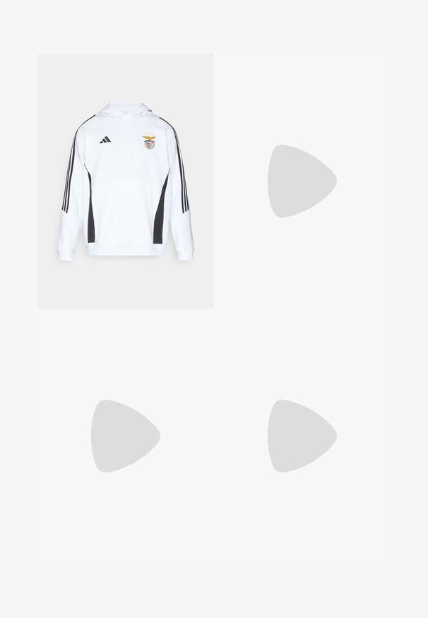Felpa bianca con accenti neri sui lati e tre strisce nere su ciascun maniche. Presenta una tasca frontale e il logo della squadra ricamato sul petto.; Maglietta bianca a maniche corte con un sottile motivo a diamante, realizzata in tessuto leggero, con il logo adidas nero sul petto.; Pantaloni sportivi bianchi realizzati in tessuto liscio, con una vita elasticizzata e polsini aderenti, dotati di un logo nero sulla tasca posteriore.; Scarpa sportiva bianca con tomaia in rete testurizzata, strisce nere, chiusura con lacci e suola ammortizzata, che levita sopra una superficie stradale segnata.