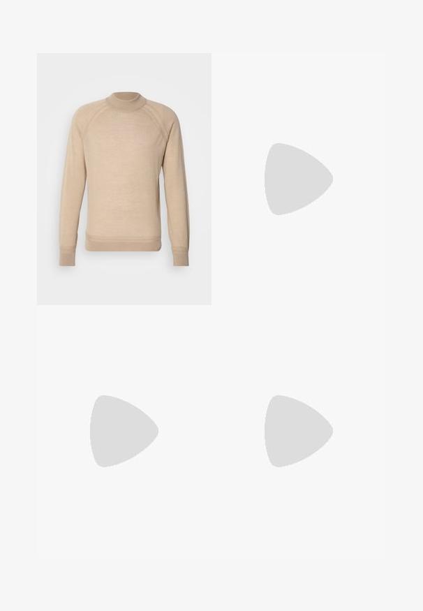 Beige pulóver, bordázott álló nyakkal, hosszú ujjakkal és raglán vállvarrással, sima anyagból készült. Egyszerű, letisztult dizájn.; Világoskék pamut póló, kerek nyakkal, középen sötétkék négyzet alakú hímezett logóval és rövid ujjakkal.; Fekete, sima anyagból készült, szabott nadrág. Elülső cipzárral, két oldalsó zsebbel és egyenes lábakkal rendelkezik. Minimalista dizájn, minta nélkül.; Fehér bőr sneaker, bézs velúr részletekkel, kerek orral, fűzős elemmel és barna gumitalppal, a "BOSS" márkanevével.; Barna bőr sporttáska cipzáras záródással, dupla fogantyúval, állítható vállpánttal és látható textúrákkal a felületen.