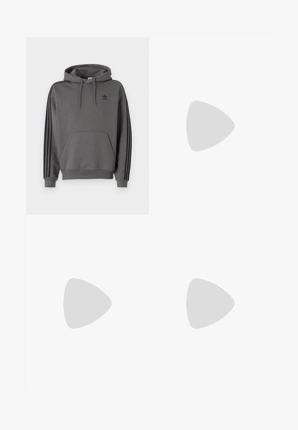 Pelēks kapucis ar kenguru kabatu, melns Adidas logo un melnām trīs svītrām gar piedurknēm. Izgatavots no mīksta, strukturēta auduma.; Balts kokvilnas t-krekls ar īsām piedurknēm, ar mazu rozā un melnu kafijas krūzes grafiku kreisajā krūšu daļā.; Melni sporta bikses, kas izgatavotas no mīksta materiāla, ar elastīgu jostasvietu un regulējamu auklu, kā arī sašaurinātiem piedurknēm pie potītēm.; Beige zamšādas sporta apavi ar sarkanām un baltām svītrām, gumijas zole un šņorējama aizdare. Zelta zīmols sānos, mīksts apkakle komfortam.