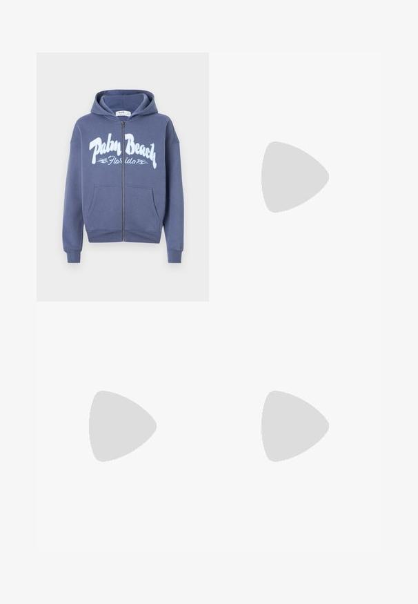 Tamsiai mėlynas zip-up džemperis pagamintas iš medvilnės su minkšta tekstūra. Yra su nugara surišama kapuce ir dideliu grafiniu užrašu "Palm Beach Florida".; Tiesi blue džinsai su tiesiomis kojomis, turintys nublukusią apdailą, su penkių kišenių dizainu, metaline saga ir diržo kilpomis. Tvirto vidutinio svorio audinys.; Balti sportbačiai su juodais ir pilkais akcentais, pasižymintys tekstūruotu pilku pirštų dangteliu, juoda gumine padais ir plokščiomis baltomis raišteliais. Švarus dizainas, minimalistinis stilius.; Juodas odinis pečių krepšys su užtrauktuku, turintis tekstūruotą paviršių, baltą siuvinėjimą ir dirželį su sidabinėmis metalinėmis detalėmis.