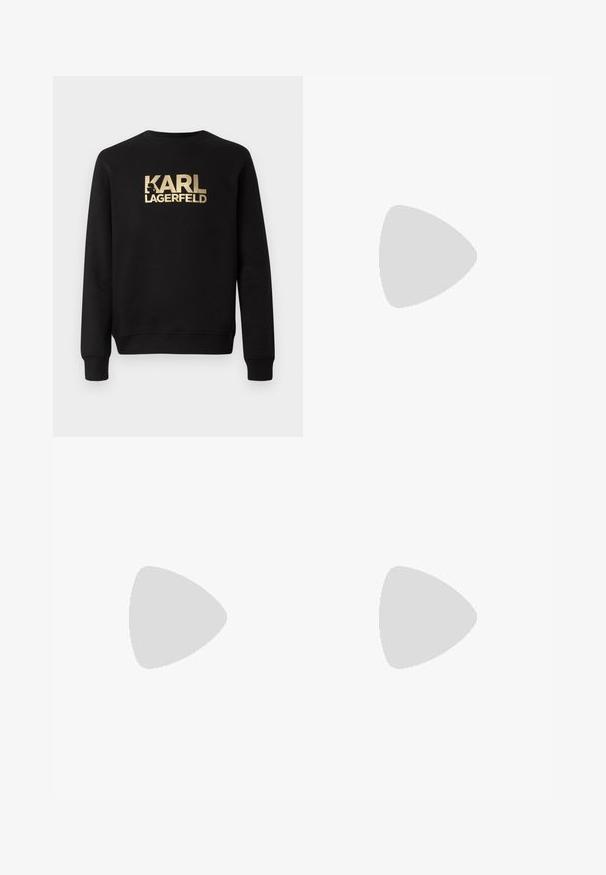 Sweatshirt negru cu decolteu rotund și mâneci lungi. Prezintă un text logo auriu proeminent "KARL LAGERFELD" pe față. Textură netedă.; Tricou negru din bumbac cu un pătrat auriu ce conține silueta unei persoane purtând ochelari de soare și textul "KARL LAGERFELD" sub acesta.; Pantaloni de jogging negri din bumbac, cu talie elastică și șnur ajustabil; dotati cu buzunare laterale și tivuri conice la glezne.; Adidași din piele albă cu un finisaj neted, vârf rotunjit, șireturi plate și o talpă texturată. Accente din piele întoarsă gri la călcâi.
