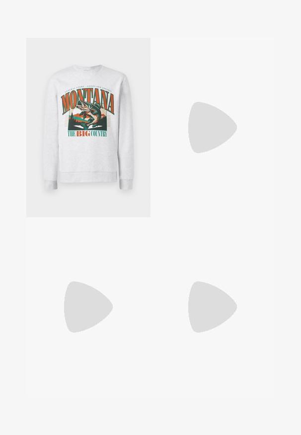 Sweatshirt gris clair avec un grand graphique d'un poisson sautant, des montagnes et des arbres, avec le texte "Montana The Big Country" en orange et vert.; Ensemble de trois t-shirts basiques en noir, blanc et gris clair. Manches courtes, col rond, fabriqués en coton lisse. Logo de la marque visible.; Pantalons cargo en vert olive, fabriqués en tissu durable. Présentent deux poches latérales, une taille standard et une coupe droite.; Baskets montantes blanches en cuir lisse avec un bout perforé, fermeture à lacets et un discret logo sur le côté. Semelle en caoutchouc texturé.