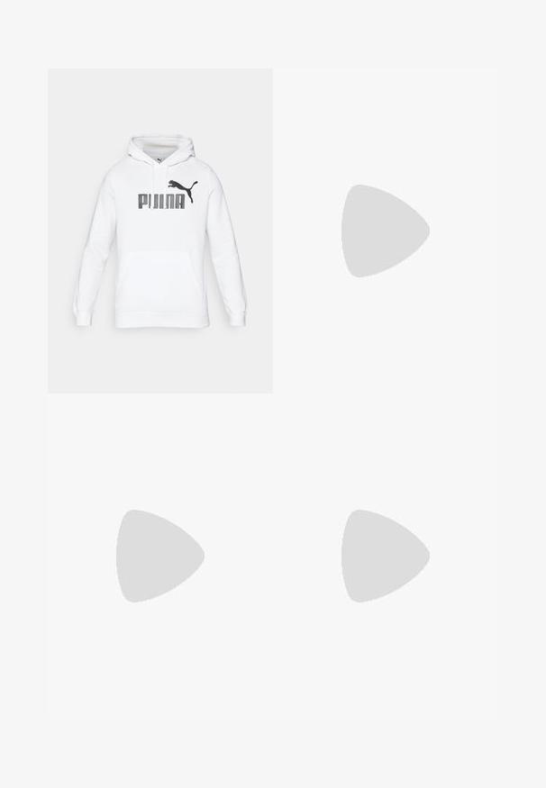 Hvid hoodie med en kængurulomme, der har et stort sort "PUMA" logo og en puma-silhuet på forsiden. Blødt stoftekstur.; Sort kortærmet t-shirt med tekstureret stof og "LDN" trykt i hvidt over brystet. Rund halsudskæring, minimalistisk design.; Sorte svøm Shorts lavet af letvægtsstof, med elastisk talje med snor og subtilt struktureret mønster. Logo detaljer på fronten.; Løbesko i hvid med grå accenter. Mesh-overdel, tekstureret sål og fremtrædende "N" logo. Har en polstret krave og "Fresh Foam" label.