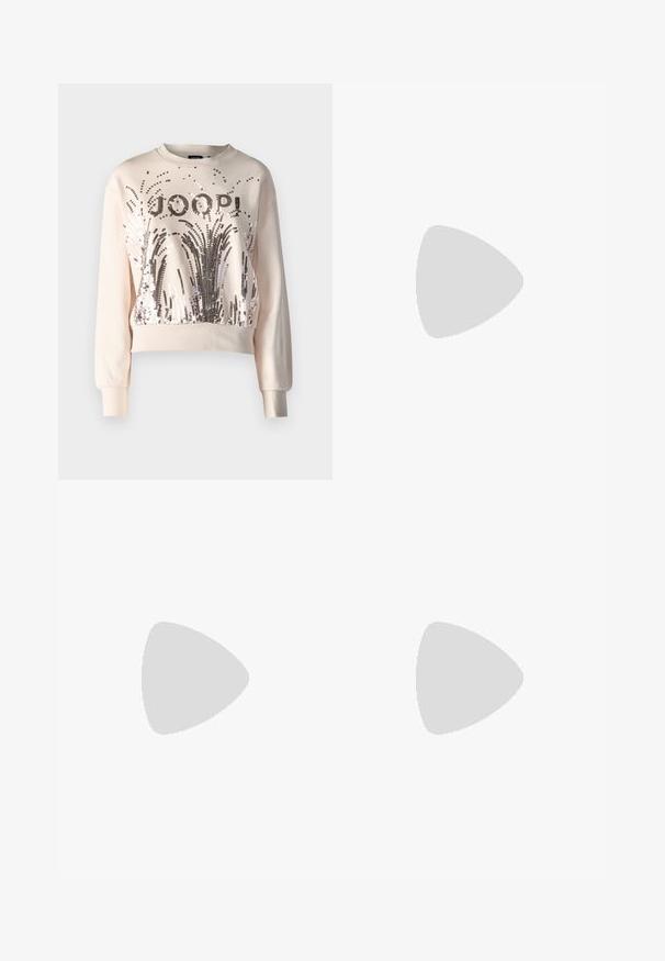 JOOP! Sweatshirt - pastel pink; Light blue denim jeans with a high waist, slim fit, and ankle length. Features front pockets, belt loops, and metal button closure.; White leather sneakers with a thick white sole, black suede heel accent, and embossed logo on the side. Laced design with six eyelets.; Silver hoop earrings with a smooth, shiny finish. Rounded shape, lightweight design, featuring a post-back closure.