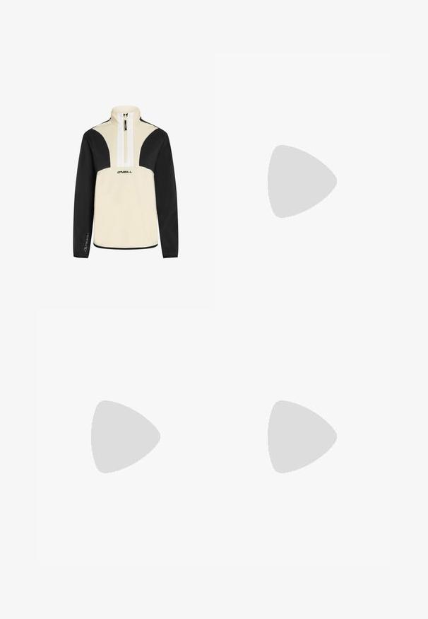 Quarter-zip pullover in cream and black, soft fabric, features black sleeves and shoulders, white zipper, O’Neill logo on front.; Black wide-leg pants with an elastic waistband and drawstring. Soft fabric with a smooth texture. Straight cut with side seams.; Beige suede athletic shoes with black leather accents, white laces, and brown rubber outsole. Three black stripes on each side.; Black leather shoulder bag with a soft, textured finish. Features a curved design and a single adjustable strap. No additional hardware.