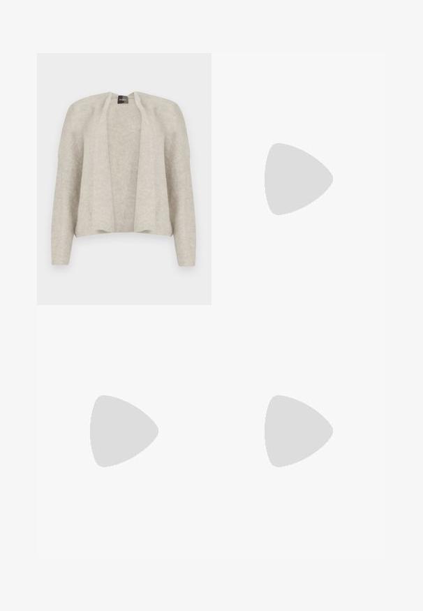 Light gray cardigan with an open front, made of a soft, textured fabric. Features long sleeves and a relaxed fit. No fastenings.; Black cotton blend trousers with a straight-leg design, front button closure, and two side pockets. Smooth texture, no visible patterns.; Black leather pump with a pointed toe and a low block heel. Features an ankle strap with a gold-tone buckle. Smooth texture.; Black handbag with structured shape, smooth texture, and a metallic clasp. Paired with wide black pants and open-toe sandals on wooden floor.