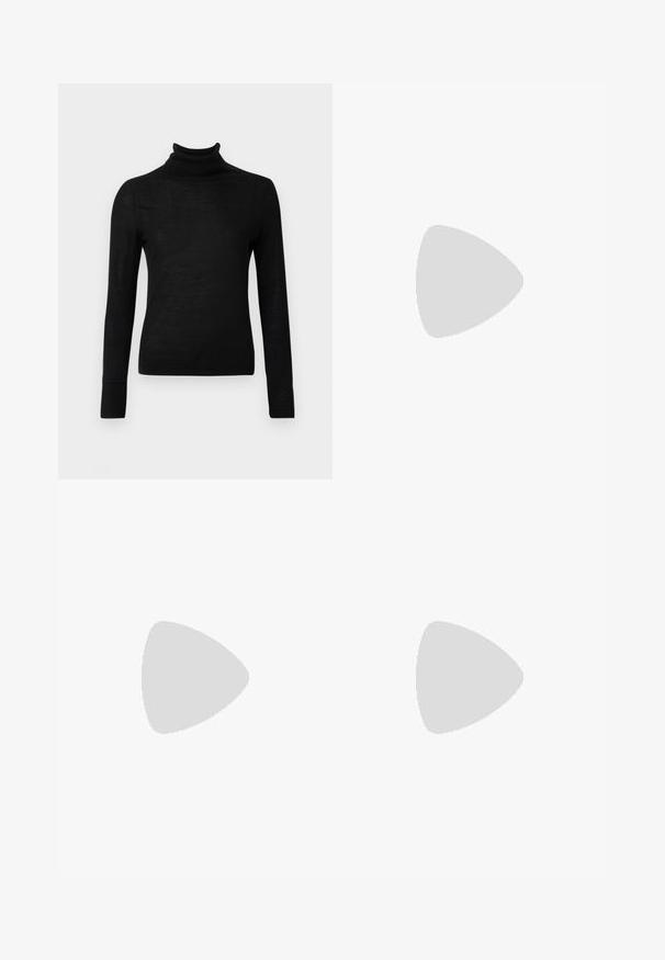 Juodas golfas, pagamintas iš minkštos mezgininės medžiagos. Prigludęs dizainas su ilgomis rankovėmis ir raštuotu kaklu bei apačia.; Juodi pritaikyti kelnių modeliai su tiesiomis kojomis, pasižyminčios lygiomis tekstūromis ir ryškiomis klostėmis priekyje. Nėra matomų detalių.; Juodas odinis pavasario batelių modelis su smailiu nosiu, turintis siaurą kulniuką ir auksinės spalvos akcentu reguliuojamoje juostoje. Lygi tekstūra.; Juoda odinė rankinė su struktūrizuotu dizainu, turi trumpą formą, viršutinę rankeną ir auksinius akcentus. Pridėtas reguliuojamas peties diržas.