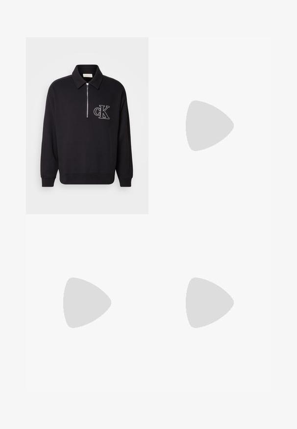 Black pullover sweatshirt with a half-zip collar, featuring a ribbed texture and embroidered "cK" logo on the left chest.; White cotton T-shirt featuring a round neck, short sleeves, and embroidered "Calvin Klein" logo at the chest center. Plain design.; Black pants with a relaxed fit, made from lightweight fabric. Features an elastic waistband, button closure, and two front pockets.; Black leather sneakers with perforated texture, round toe, and flat white rubber sole. Features black laces and a subtle logo on the side.