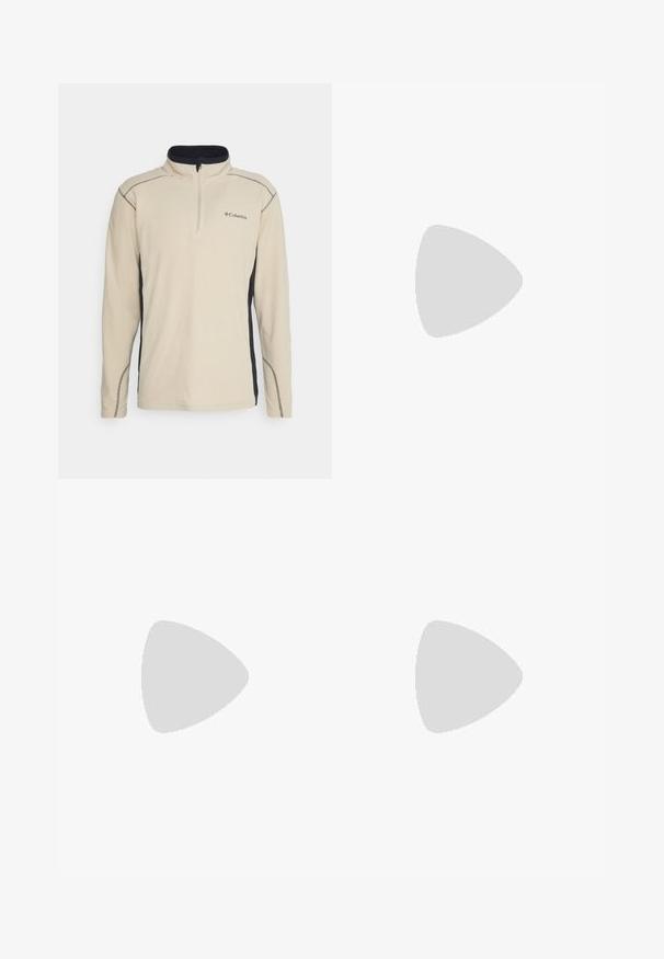 Pullover de fleece bege com um painel lateral preto, fecho à frente em meio zíper e costura em contraste. Apresenta um pequeno logótipo no peito.; Camiseta cinza de manga curta feita de um tecido suave e texturizado, com um pequeno logo azul da Patagonia no lado esquerdo do peito. Sem padrões adicionais.; Calças cinza-escuras feitas de um tecido durável, com um bolso com fecho éclair, corte reto e passantes para cinto para um ajuste ajustável.; Ténis impermeáveis castanhos com um upper texturizado, detalhes perfurados, apoio para o calcanhar preto e uma sola de borracha cinza. Os atacadores têm extremidades metálicas.