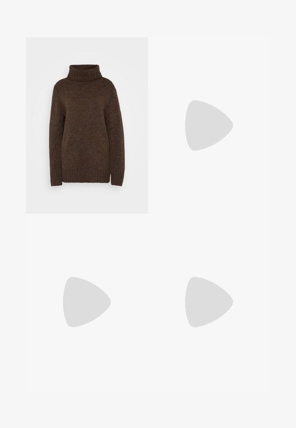 Brauner Strickpullover mit hohem, geripptem Rollkragen, lockerer Passform und strukturiertem Stoff mit subtilen, multicoloren Sprenkeln.; Schwarze, weit geschnittene Hosen aus glattem Stoff. Mit hoher Taille, Gürtelschlaufen und vorderen Falten für zusätzliche Struktur.; Ballettflats aus beigem Leder mit einer schwarzen Kappe. Mit einer vorderen Schleifenverzierung und einer glatten Textur. Niedriges Profil mit einer Gummisohle.; Schildkrötenmuster Sonnenbrille mit dunklen Gläsern, ovaler Form und breiten Bügeln. Verfügt über eine kleine goldene Akzentuierung an der Seite. Hergestellt aus glattem Kunststoff.; Braune geflochtene Lederhandtasche mit einem geschwungenen, geknoteten Griff und einem Reißverschluss. Glatte Textur und runde Form.