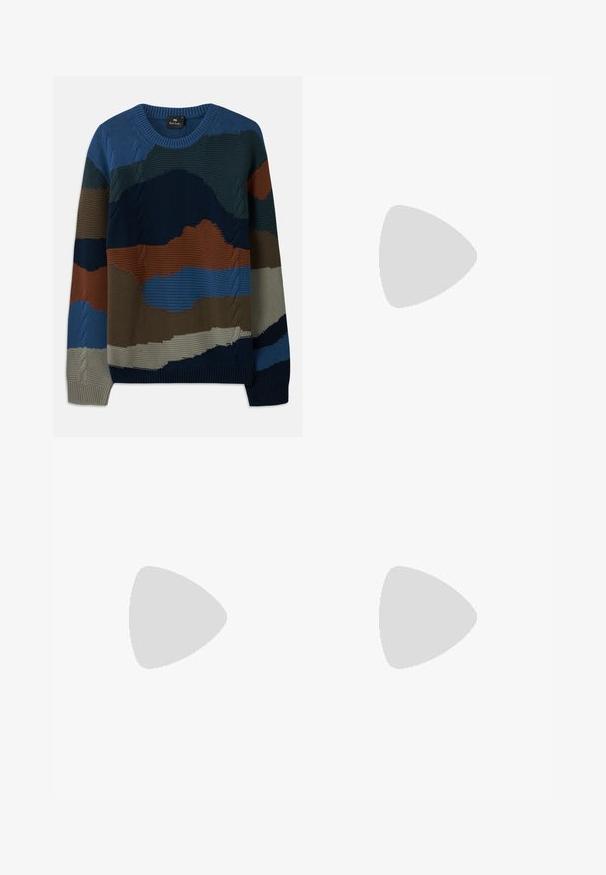 Knitted sweater featuring a round neckline and varied textured patterns in shades of blue, green, brown, and gray with cable accents.; Wide-leg jeans in distressed blue and brown denim. Features a high waist, front pockets, and a classic button closure with metallic accents.; Black leather loafers with a smooth texture, rounded toe, and a decorative strap across the vamp. Low stacked heel, minimalist design.; Taupe leather crossbody bag with a zippered front pocket, adjustable strap, pebble texture, and embossed logo on the front.