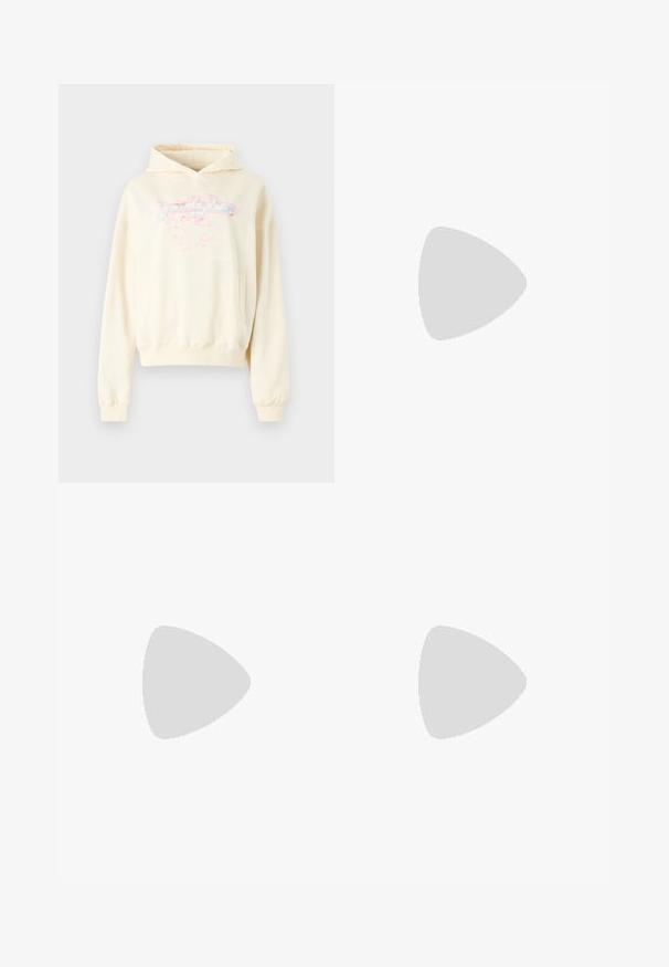 Cream-colored hooded sweatshirt with a loose fit, featuring front pocket and a graphic design in pink and blue on the chest.; Short-sleeve shirt in light beige fabric, featuring a pointed collar, front buttons, two chest pockets, and a small logo patch on the left.; Wide-leg blue denim trousers with a high waist, contrasting stitching, and side pockets, featuring a classic five-pocket design and raw hems.; White athletic shoes with a textured, beige rubber sole. They feature a blue animal print accent and flat, beige laces, paired with tan pants.