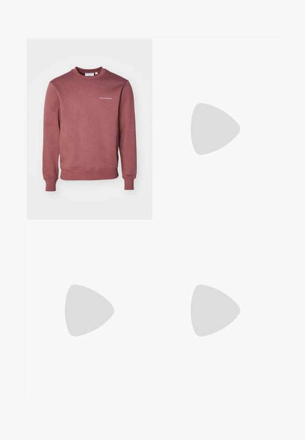 Κάπα μαρούν χρώματος από μαλακό ύφασμα. Διαθέτει λαστιχένιο στρίφωμα και μανίκια, με λευκό κείμενο "TIGER OF SWEDEN" στο στήθος.; Μαύρο βαμβακερό T-shirt με στρογγυλή λαιμόκοψη, κοντά μανίκια και λευκή εκτύπωση λογότυπου στην αριστερή πλευρά του στήθους. Απλός, μονόχρωμος σχεδιασμός.; Λευκά, ραμμένα παντελόνια με επίπεδο μπροστινό μέρος, δύο πτυχές και γυρισμένα μανίκια. Φτιαγμένα από έναν λείο ύφασμα με κουμπί κλεισίματος στη μέση.; Μπεζ σουέτ αθλητικά παπούτσια με χαμηλό σχέδιο, στρογγυλή μύτη, επίπεδα κορδόνια και υφή από καουτσούκ σόλα. Μινιμαλιστικό στυλ χωρίς ορατά λογότυπα.