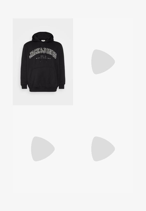 Felpa nera in tessuto misto cotone. Presenta una tasca a marsupio frontale, cappuccio con coulisse e logo del marchio stampato in bianco sul petto.; Jeans in denim blu con una vestibilità dritta, lavaggio sbiadito, design a cinque tasche e cuciture a contrasto. Chiusura con bottoni e zip.; Scarpa nera in pelle con lacci, punta arrotondata, suola in gomma texturizzata e cuciture gialle attorno alla base. Design piatto e finitura liscia.; Occhiali da sole con una struttura elegante in metallo argentato, lenti grigio scuro e un design aerodinamico caratterizzato da bordi appuntiti e aste sottili.