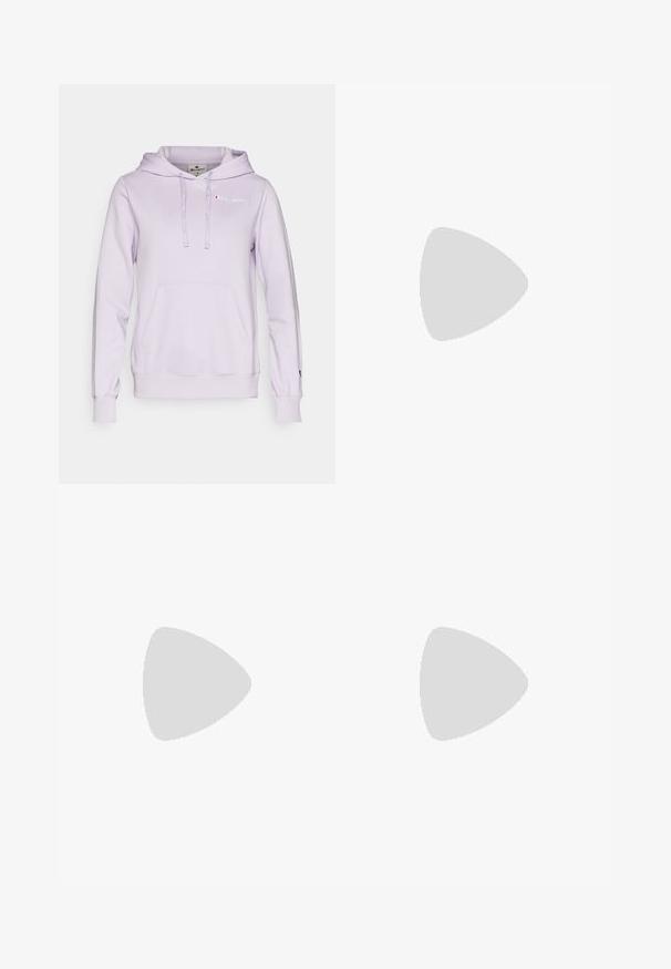 Champion ICONS HOODIE CONTRAST LOGO SMALL - Sweatshirt com capuz - lilac; T-shirt oversized cinza claro, com mangas curtas, apresentando uma pequena impressão preta no peito e um logotipo vermelho na bainha. Material de algodão suave.; Leggings cinzentos com um design de fundo amplo, feitos de um material suave e elástico, apresentando uma cintura alta e construção sem emendas.; Sapatilha atlética branca com parte superior em rede, sola de borracha e design de três riscas. O cadarço está a ser ajustado; roupa em cinza claro e verde menta visível.
