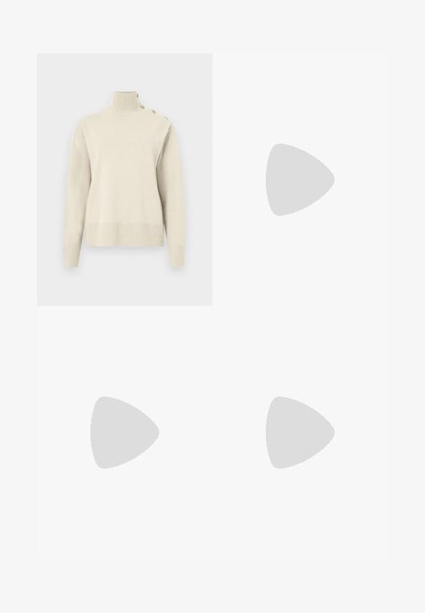 Bēša krāsas ribota augsta apkakle ar garām piedurknēm un trim dekoratīvām pogām uz kreisā pleca.; Melni piegrieztie bikses ar taisnu kāju dizainu, ar pogu slēgšanu un jostu cilpām, izgatavotas no gludas auduma.; Melnas potītes botas ar norādītu purngalu, izgatavotas no gludas ādas un elastīgas auduma. Ievērojamas ar bloku papēdi un minimālistisku dizainu.; Melnas ovālās saulesbrilles ar tumšiem stikliem un spīdīgu plastmasas rāmi. Iezīmētas ar zelta logo uz tempļa, nodrošinot elegantu un modernu dizainu.; Zila ar rakstu somiņa, kas izgatavota no auduma, ar izliekta formu, melnu ādas siksnu un logotipa dizainu gaišākā tonī.