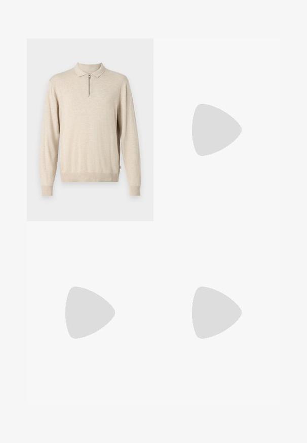 Beige long-sleeve pullover with a collared neckline and zip closure. Made of soft material with ribbed cuffs and hem.; Three sleeveless t-shirts in gray, white, and black. Soft cotton material with a crew neck and relaxed fit. Simple design, no patterns.; Dark blue denim jeans with a straight cut, five-pocket design, metal button closure, and contrasting stitching, featuring a subtle texture.; Black leather shoes with a rounded toe, lace-up design, and thick, textured sole. Worn with tailored black trousers and a ribbed sweater.