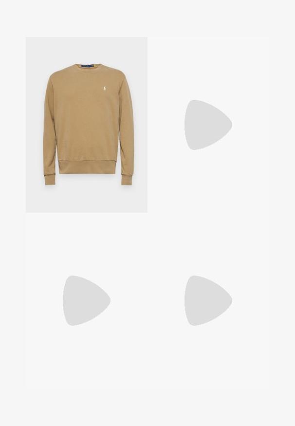 Sweatshirt in light tan cotton blend, crew neck, long sleeves, ribbed cuffs and hem, features small white logo on left chest.; Beige long-sleeve shirt made of cotton blend. Features button-down collar, seven front buttons, and a small embroidered logo on the left chest.; Beige cotton chinos with a flat front, belt loops, and side pockets. Straight-leg design with a smooth texture and a light, breathable feel.; White leather sneakers, low-top design, featuring a smooth texture, round toe, laced front, and a small embroidered logo on the side.