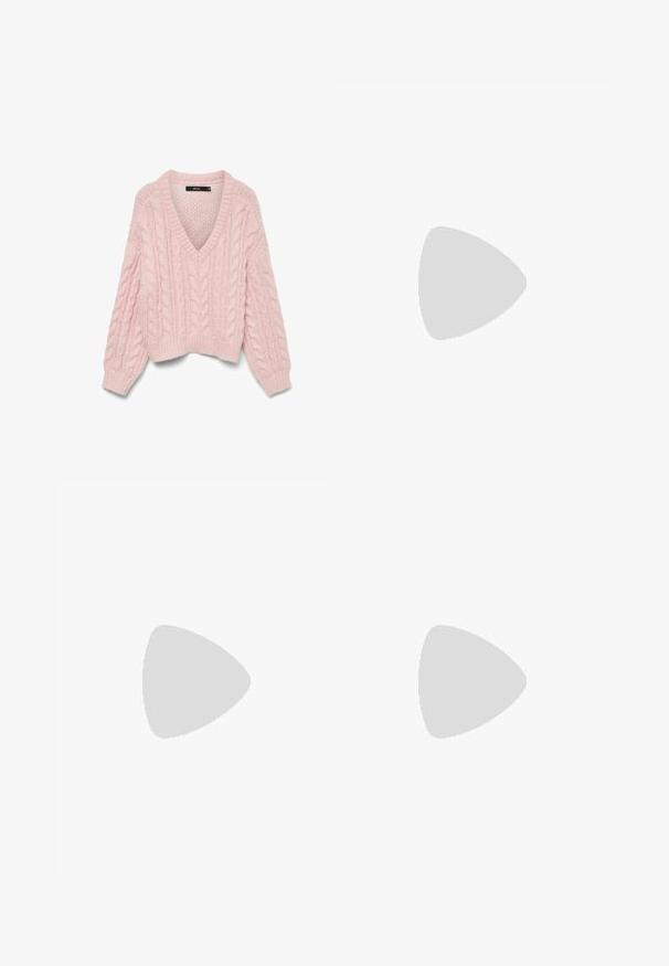 Vero Moda VMDREAM - Jumper - rose shadow; Light blue denim jeans with a wide-leg cut, distressed detailing, five-pocket design, and a zip-fly closure.; Black knee-high boots made of smooth leather, featuring a pointed toe, a block heel, and a V-shaped cutout at the top.; Brown tortoiseshell sunglasses with a vintage cat-eye shape and brown lenses. Features curved arms with red accents.