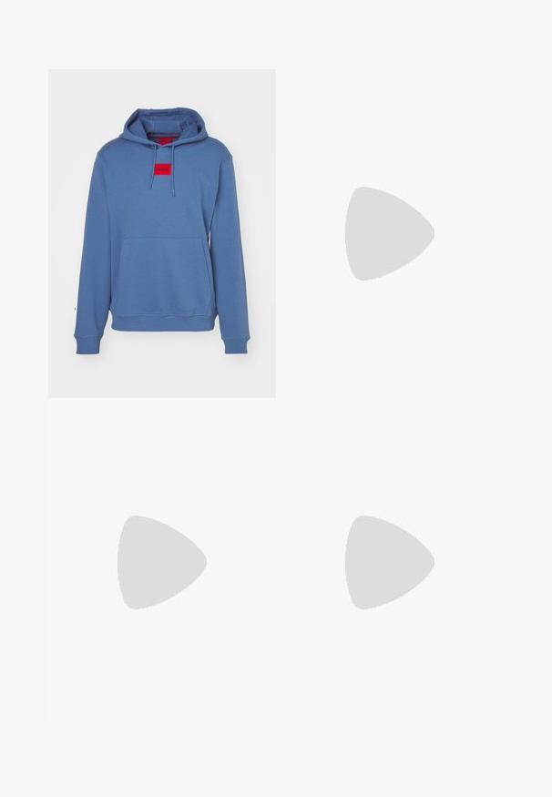 Blue hoodie featuring a front kangaroo pocket, drawstring hood, and a red logo patch. Made from soft, textured fabric with ribbed cuffs.; Black cargo pants made of cotton with a relaxed fit, featuring side pockets, a button closure, and straight legs. Simple design without patterns.; White athletic shoes made of mesh and suede, featuring a textured midsole, textured accents, and "HUGO" logo on the side.; Black textured laptop bag with dual top handles, detachable strap, zip closure, and a small logo patch for branding.