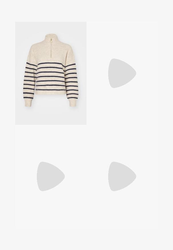 Beige sweater with navy horizontal stripes, high collar, and a half-zip closure. Made from a textured knit fabric, with ribbed cuffs.; Light blue flared jeans made of denim, featuring a high waist, five pockets, and a single button closure. Soft texture with faded finish.; Black patent leather slingback heels with a pointed toe and a geometric block heel. Features a sleek, minimal design and smooth texture.; Woven straw handbag in beige with a curved shape, a short handle, and a side zipper. Features textured surface and minimalistic design.