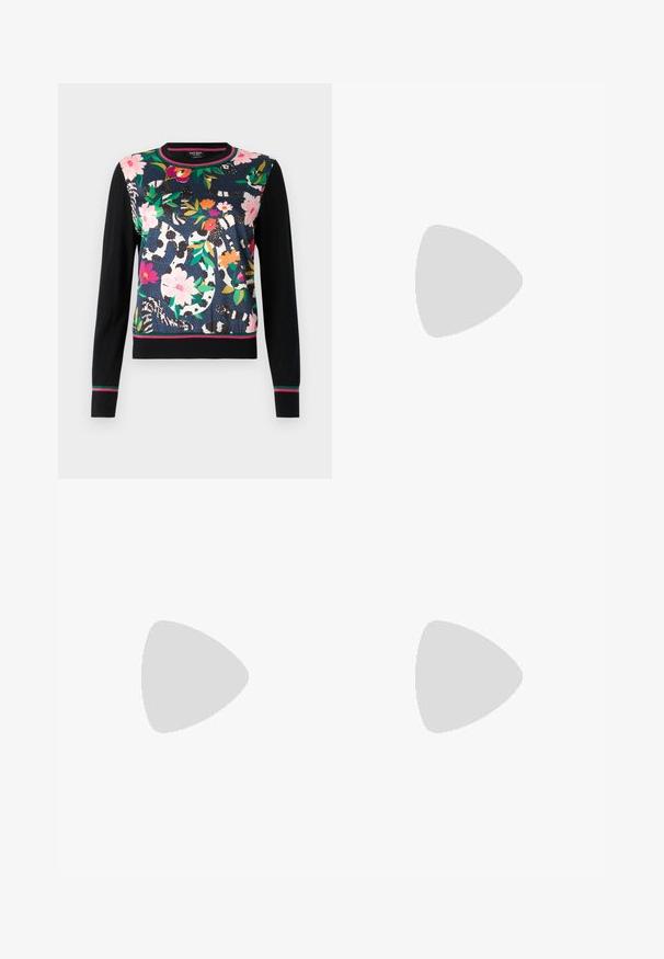 Ladies' sweater featuring a floral pattern in pink, red, and green on a navy background, with black sleeves and a striped hem.; Light blue, high-waisted jeans made of denim. Feature wide legs, two torn knee areas, and classic five-pocket styling.; White high-top canvas sneaker with black rubber sole, front rubber toe cap, and six eyelets for laces, featuring a clean, minimalist design.; Red leather handbag with an angular, geometric design. Features a single adjustable strap and a flap closure with stitched detailing.