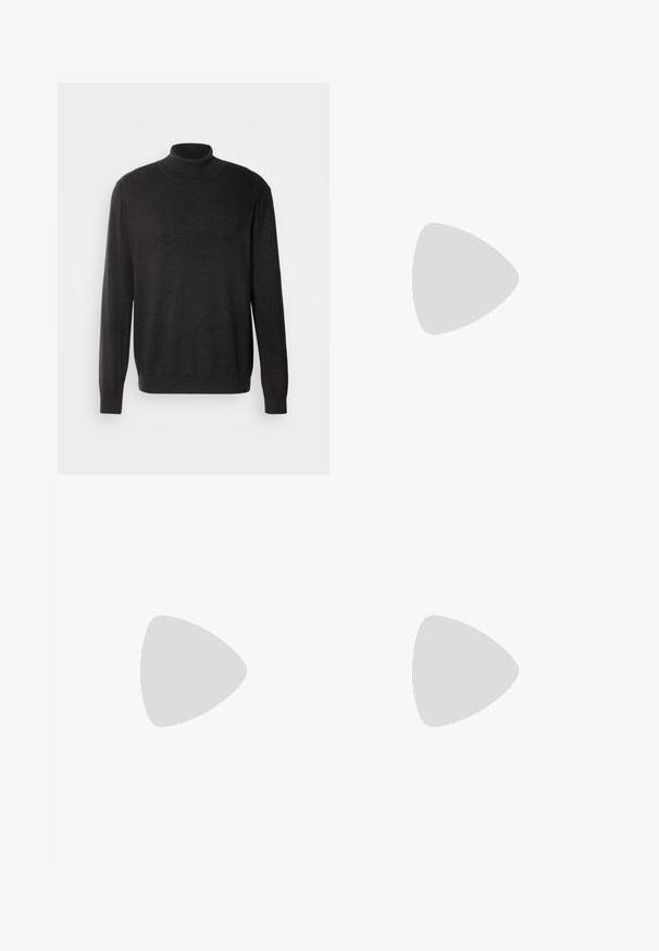 Maglione a collo alto grigio scuro realizzato in un tessuto morbido e texturizzato; presenta maniche lunghe e una silhouette aderente, con un collare e un orlo a coste.; Pantaloni grigi chiari con una texture liscia, frontale piatto e gambe dritte. Realizzati in tessuto traspirante, dotati di tasche interne e passanti per cintura.; Scarpa nera in pelle con lacci, punta tonda, texture liscia, cuciture minime e tacco in gomma basso. Logo sul tacco.; Borsa a secchiello nera realizzata in materiale sintetico testurizzato. Presenta due manici e una tracolla regolabile. Design semplice senza motivi visibili.