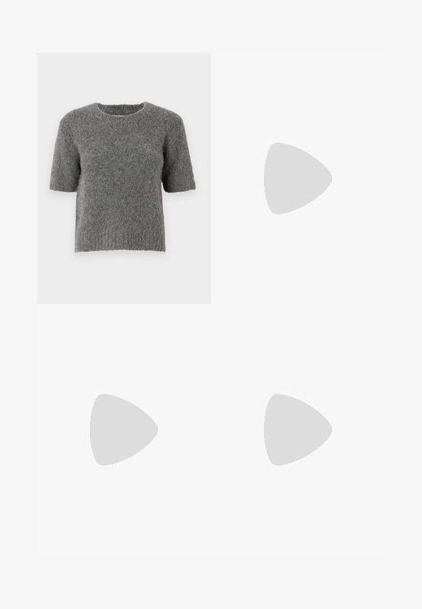 Maglione a maniche corte in morbido knit grigio, con scollatura a girocollo e orlo a coste. La texture appare soffice con una vestibilità casual.; Top a maniche lunghe ribattuto di colore rosa chiaro con scollatura rotonda e silhouette aderente. Realizzato in morbido tessuto testurizzato. Design minimalista, senza motivi.; Gonna A-line grigia realizzata in materiale morbido e testurizzato. Presenta una vita aderente e un orlo svasato, che offre una silhouette fluida.; Scarpe sportive con tomaia in pelle bianca, punta in suede grigia e tre strisce nere. Presentano un logo blu sulla linguetta e una suola in gomma testurizzata.; Occhiali da sole rotondi con motivo tartarugato e lenti trasparenti. Presentano una montatura spessa e leggera con steli sottili.