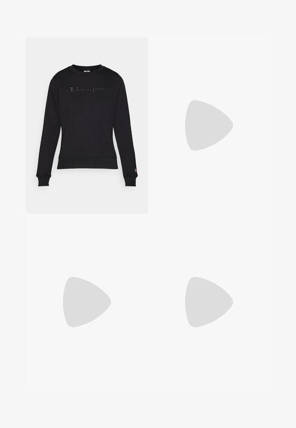 Felpa nera con maniche lunghe, scollatura rotonda e logo "Champion" ricamato in filo scuro sul petto. Polsini e orlo a coste.; Maglietta atletica blu a maniche corte con collo rotondo e piccolo logo Under Armour bianco sulla parte superiore del petto.; Leggings blu con costine, vita alta, tasche laterali e design aderente. Texture liscia con una forma elegante e affusolata.; Scarpa sportiva bianca con tomaia in maglia strutturata, una suola intermedia bianca liscia e una suola in gomma con un modello sottile.