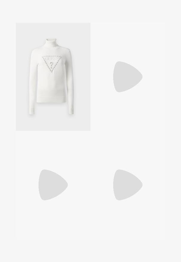 Suéter branco de gola alta com punhos e bainha canelados, apresentando um logótipo triangular da Guess embelezado com cristais e um ponto de interrogação na frente.; Saia plissada branca com uma cintura elástica preta que apresenta o logótipo "LACOSTE". Design de comprimento médio com textura suave.; Sapatilhas brancas de couro com uma sola branca espessa, detalhe em camurça preta no calcanhar e logótipo em relevo na lateral. Design com atacadores e seis ilhós.; Óculos de sol oversized pretos com forma geométrica, apresentando lentes escuras e um detalhe cinza em contraste na armação. Logotipo na haste.