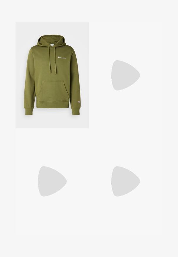 Champion ICONS HOODIE SMALL LOGO - Majica s kapuljačom - khaki; Bijela pamučna majica s okruglim izrezom, kratkim rukavima i crnim izvezenim logotipom "Champion" na prsima i na rukavu.; Champion ICONS TONAL CUFF LARGE LOGO - Donji dijelovi trenirke - foggy; Svijetlosivi atletski tenisice s crnim akcentima, teksturirani mrežasti gornji dio, ekstra udobna potplate i vezanje na vezice. Ima oznaku za povlačenje na peti.