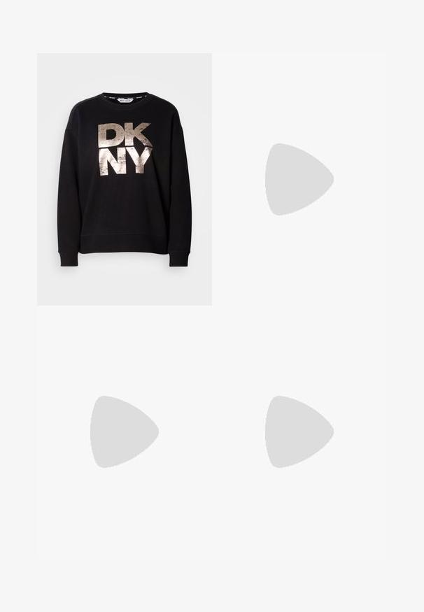 Mustelaneedus, millel on suur, kulunud metallik kuldne "DKNY" logo. Pikkade varrukatega ja soonikningadega, lõdva istuvuse disain.; Must musta särk lühikeste varrukatega, millel on esiosas tekstuuriga metallik hõbedane "DKNY" logo. Valmistatud pehmest kangast, ümara kaelusega.; Heledad mini-seelik helesinisest denimist viie taskuga, nööbiga kinnitamine ja kerge kulumise tekstuur. Omab bränditud vöö sildit.; Hõbedased sünteetilised spordijalatsid valgete triipudega, kreemjas sisetald ja tekstuuriga pind; kombineeritud heledate ribakudumist sokkidega ja musta seelikuga.; Tumedat läätsedega prillid, sujuva ümbermõõdu disainiga, reguleeritavad ninapatjadega ja kummist aktsentidega templites, et tagada hea haarde.