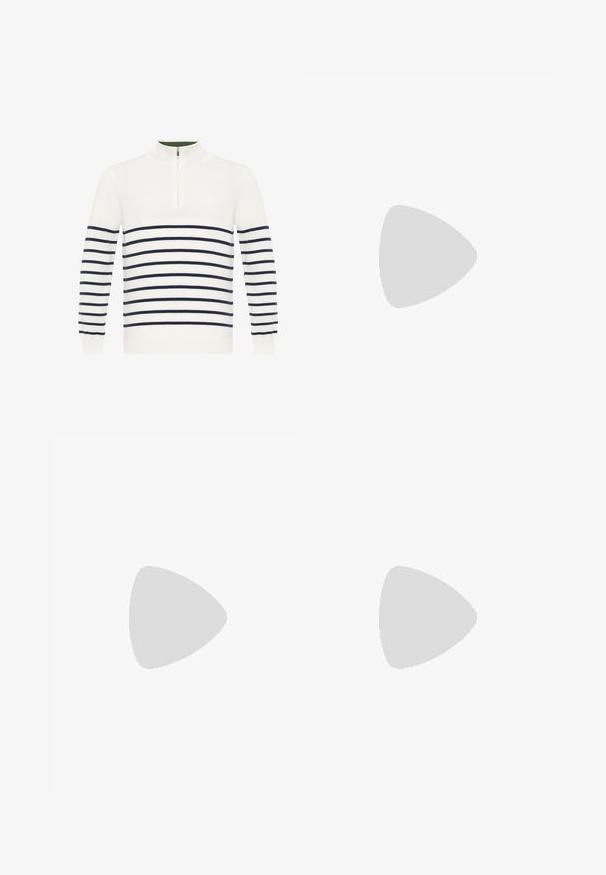 Felix Hardy HALF-ZIP - Strickpullover - off white; Schwarze Baumwollhose mit lockerem Schnitt, ausgestattet mit einem klassischen Bund, vorderen Falten und Seiten taschen. Glatte Textur ohne Muster.; Schwarzer Lederloafer mit grobem, rutschfestem Sohlenprofil und dekorativem Riemen über der Oberseite, seitlich links auf weißem Hintergrund abgebildet.; Schwarze Sonnenbrille mit rechteckigen Gläsern, mattem Kunststoffrahmen und geraden Kanten. Verfügt über das Markenlogo auf dem inneren Bügel.