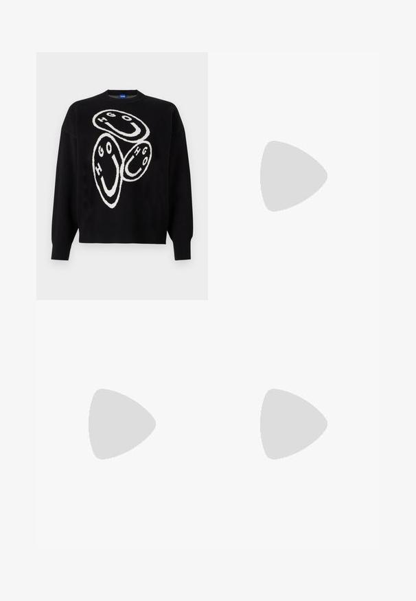 Zwart gebreid sweater met een witte grafisch ontwerp met cirkelvormige figuren en de letters "HGO." Ribgebreide manchetten en onderrand accentueren de structuur.; Zwarte op maat gemaakte broek met een recht model, voorzien van een soepele textuur en scherpe plooien aan de voorkant. Geen zichtbare hardware.; Zwarte patenten leren slingback schoenen met een spitse neus, twee bandjes, gouden ronde accenten en een lage blokhak.; Zwarte leren handtas met een gestructureerd ontwerp, featuring een verkorte vorm, bovenhandvat en gouden hardwareaccent. Inclusief verstelbare schouderband.