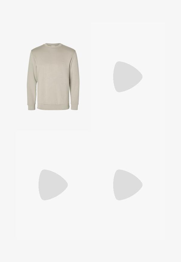 Beige hosszú ujjú kereknyakú pulóver, puha anyagból készült, bordás mandzsettákkal és szegéllyel, sima textúrával és minimalista dizájnnal.; Fekete nadrág egyenes szabással, sima textúrával és látható minták vagy fémalkatrészek nélkül. Klasszikus dizájn, letisztult sziluettel.; Fekete bőr loaferek lekerekített orral, slip-on kialakítással és vastag gumitalppal, amely texturált tapadást biztosít. Emelt sarkú és diszkrét varrási részletek.; Fekete téglalap alakú napszemüveg sötét lencsékkel, vastag kerettel, finom díszítésekkel az oldalán, és a márkanevet leszámítva látható logók nélkül.; Fém kvarcórával, fekete számlappal, fehér számokkal és dátumkijelzővel rendelkezik. Rozsdamentes acél szíjjal készült, és 100 m-es vízállósággal bír.