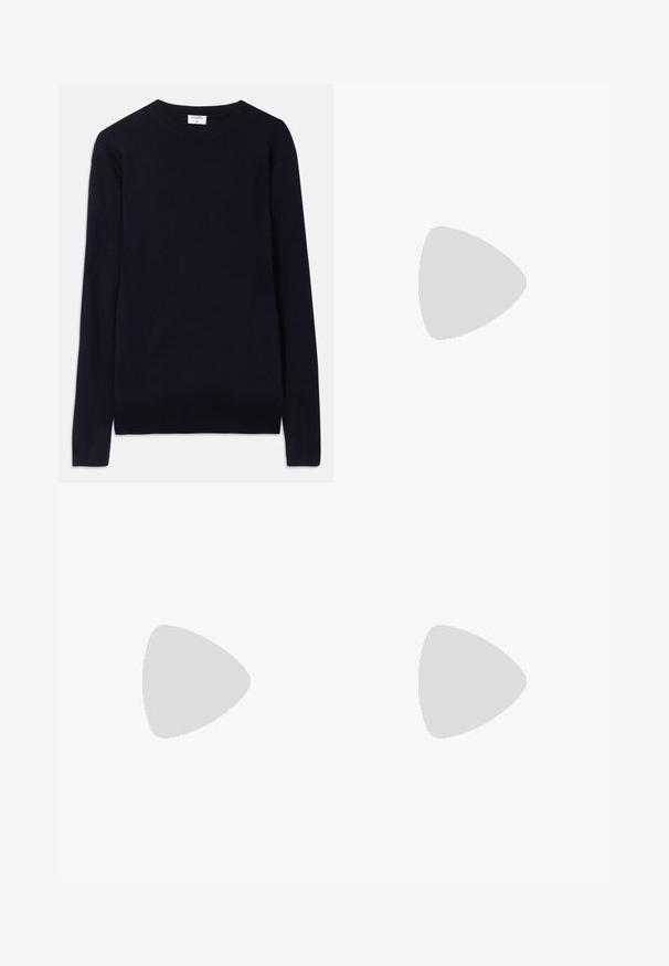 Suéter de cuello redondo de color azul marino hecho de una tela suave, con mangas largas y detalles acanalados en el collar y el dobladillo. Diseño limpio y minimalista.; Filippa K TERRY CROPPED TROUSERS - Pantalones - sage melange; Zapatilla de cuero blanca con un acabado suave, puntera redonda, cordones planos y suela texturizada. Cuenta con un sutil logo en el talón.; Gafas de sol redondas negras con lentes oscuros y brazos metálicos delgados. Incluye puntas de varilla transparentes y acentos plateados en la bisagra. Diseño minimalista.