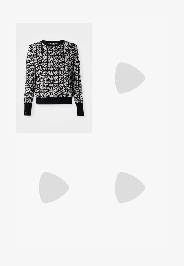 Black and white DKNY jeans sweater featuring repeating logo pattern, crew neck, long sleeves, ribbed hem, and button accent on cuffs.; Light blue flared jeans made of denim, featuring a high waist, front pockets, and a raw hem at the cuffs for a casual look.; Black leather high heel shoe with a pointed toe, smooth texture, and a tapered heel. Minimalist design, no additional embellishments.; Black leather shoulder bag with a soft texture, triangular shape, and adjustable strap, paired with a light blue striped shirt and white pants.