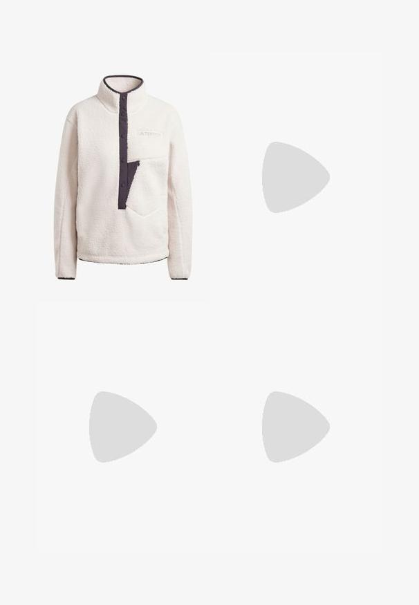 Valkoinen fleece-pusero, jossa on korkea kaulus, painonappi ja tummanvioletti puoli-vetoketjullinen tasku. Sisältää texturoitua kangasta ja brodeeratun logon.; Musta urheilupaita, jossa on pyöreä kaula-aukko, lyhyet hihat ja teksturoitu kangas, jossa on hienovarainen kuosi. Edessä valkoinen logo.; adidas Performance Trikoot - black; Mustat juoksukengät, joissa on hengittävä verkkoyläosa, pyöreä varvas, sulavalinjainen muotoilu, teksturoidut yksityiskohdat ja pehmustettu pohja mukavuutta varten.