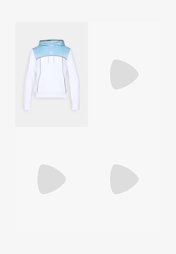 Hvid hætte sweatshirt med en blå gradient øverste sektion, sort piping og et logo på brystet. Blødt stof og ribbede manchetter.; Mørkeblå denimjeans med slim fit, der har malerpletter, synlige syninger og standard fem-lommer design. Lige ben.; Hvide lædersneakers med en glat overflade, rund tå, flade snørebånd og en tekstureret sål. Har et diskret logo på hælen.; Sorte runde solbriller med mørke linser og slanke metalarme. Inkluderer klare tempeltips og sølvdetaljer ved hængslet. Minimalistisk design.
