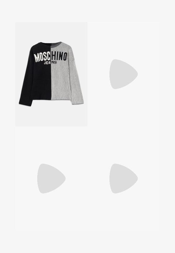 Megztinis su plyšiu juodos ir pilkos spalvos raukšlėmis, su užrašu „MOSCHINO JEANS“ ryškiu baltu tekstu per krūtinę. Apvalus iškirpimas.; Juodas permatomas ilgarankovis viršus su raudonais gėlėti raštais, banguota apdaila ir atspausdintu tekstu. Pagamintas iš lengvos, skaidrios medžiagos.; Aukštos juosmeniu tiesaus kirpimo džinsai su išblukusia šviesia ir tamsiai mėlyna džinsų skalbimo spalva bei klasikinio penkių kišenių dizainu.; Juodai odiniai baletai su apvaliu pirštu, lygi texture, minimalus siuvimo detales ir lanksčiu padų dizainu.