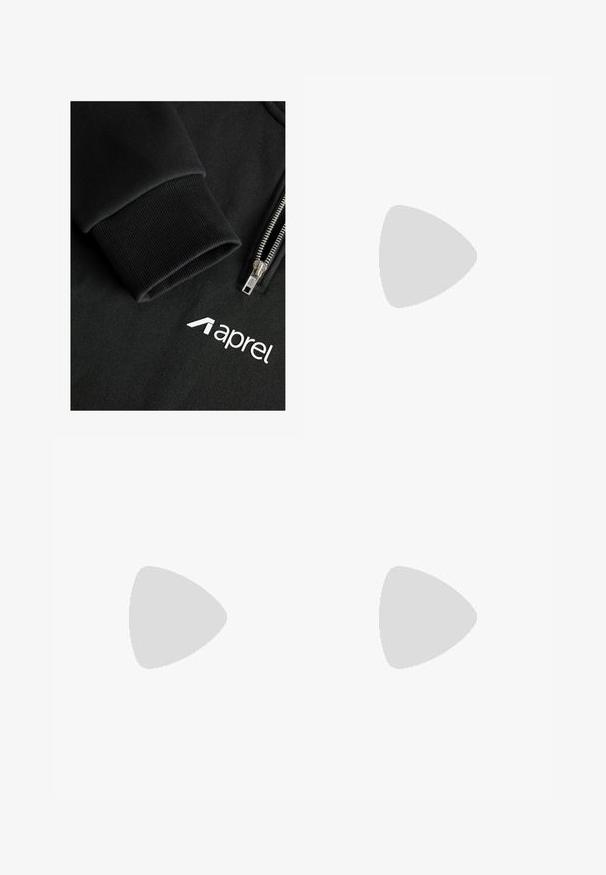 Zwarte hoodie met rits, gemaakt van een gladde, gestructureerde stof, geribde manchetten en een wit logo "aprel" op het borstgebied.; Witte katoenen t-shirt met korte mouwen, ronde hals, relaxte pasvorm en zonder zichtbare logo's of patronen. Gladde textuur en minimalistisch ontwerp.; Zwarte broek met een geplooid design aan de voorkant, gemaakt van soepel stof. Voorzien van een knoopsluiting en riemlussen; rechte pasvorm.; Zwarte suède sneakers met witte veters en drie witte strepen. Heeft een cirkelvormig zwart logo op de tong en een gumrubberen zool.