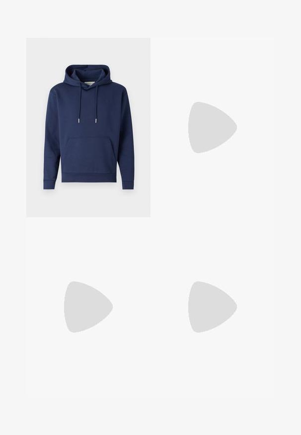 Navy blue hoodie made of soft fabric, featuring a kangaroo pocket, drawstring hood, and subtle logo on the chest.; Navy blue trousers made of smooth fabric, featuring a single button closure, pleats, and straight legs. Minimalist design with no notable patterns.; Brown leather shoes feature a rounded toe, five eyelet lace-up design, and contrasting dark laces. Pants are plaid, rolled at the cuffs.; Brown leather messenger bag with a flat front flap, two straps, gold hardware accents, and an adjustable shoulder strap.