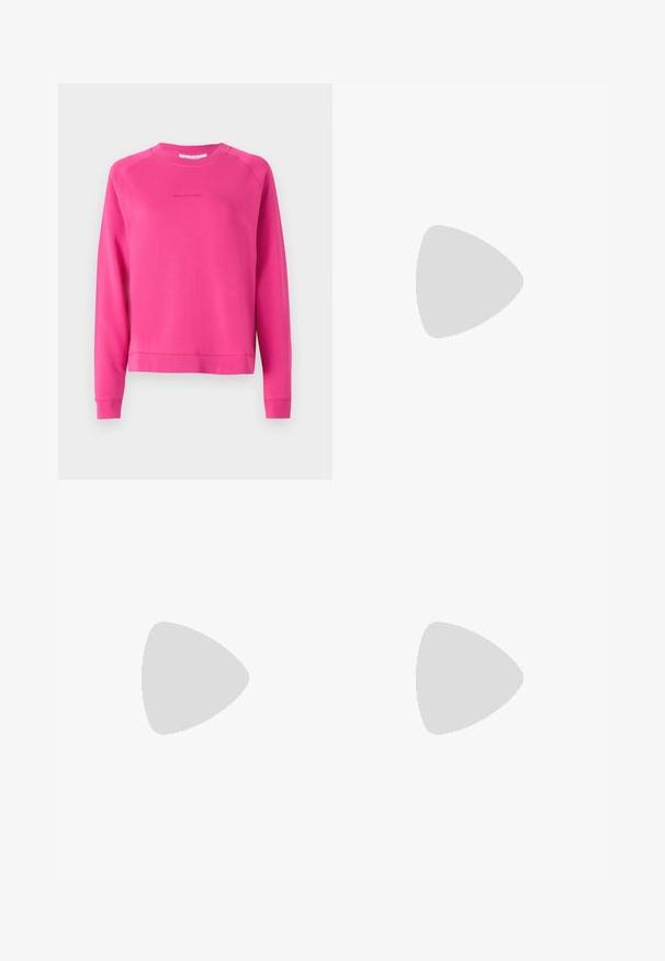 Vaaleanpunainen huppari, joka on valmistettu pehmeästä kankaasta, jossa on pyöreä pääntie ja pitkät hihat, etuosassa hienovarainen logo.; Mustat leveälahkeiset housut, jotka on valmistettu sileästä kankaasta, ja joissa on kaksi valkoisella korostettua taskua koristenappeilla edessä.; Musta lakattu nahka slingback-korkokengät, joissa on terävä kärki, pyöreä aukko-muotoilu ja lohkokorko. Varustettu kultasävyisellä solkiyksityiskohdalla.; Musta käsilaukku, jossa on teksturoitu pinta, kaksi yläkantta ja säädettävä olkahihna. Varustettu kultasävyisillä varusteilla ja sivutaskuilla.