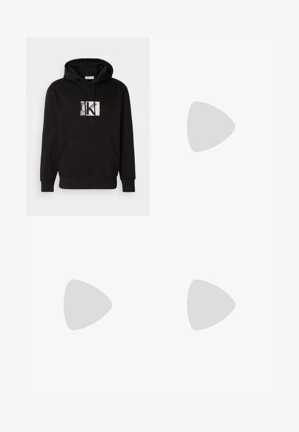 Black hoodie featuring a front kangaroo pocket and a graphic logo in white and gray. Made from soft fabric with a drawstring hood.; Three crew-neck t-shirts in black, white, and grey colors. Each is made of soft cotton with short sleeves and a small logo on the black shirt.; Black denim jeans with a straight-leg design, featuring a button closure, five pockets, and minimal stitching for a clean look.; Black leather lace-up shoe with a rounded toe, smooth texture, minimal stitching, and a low rubber heel. Logo on the heel.